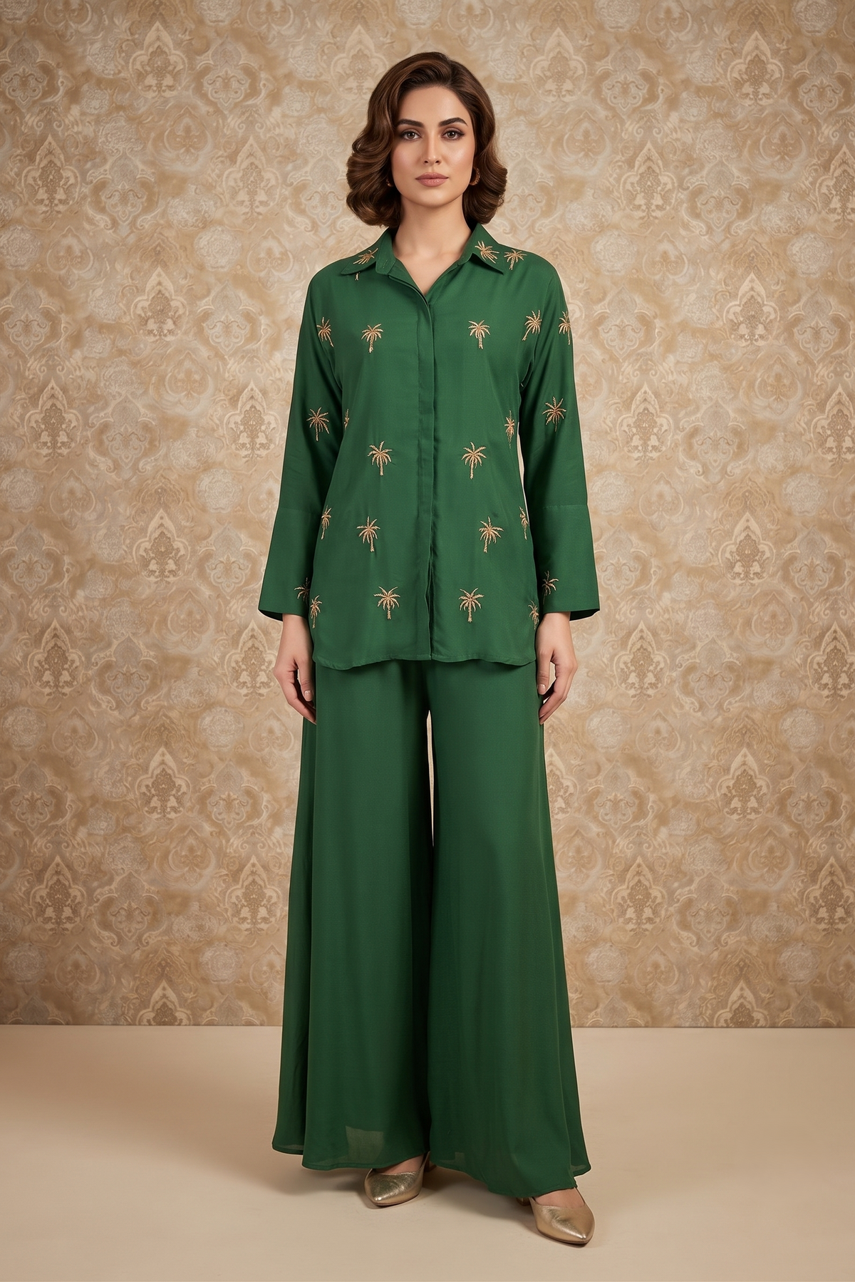 Emerald Green Embellished Crepe Silk Co-Ord Set