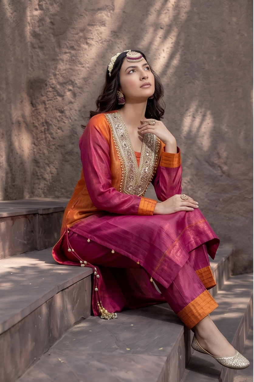 Vibrant Orange & Pink Ombre Shimmer Silk Kurta Set