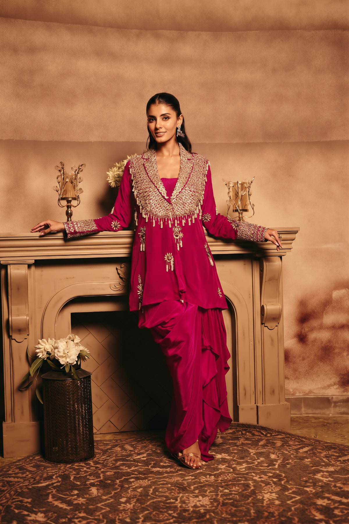 Magenta Pink Embellished Crepe Silk Skirt Set