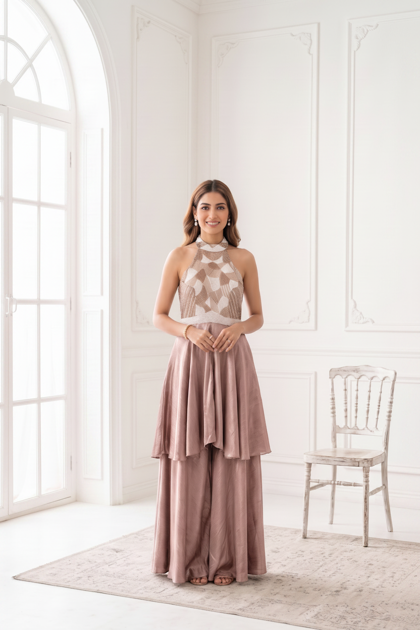 Dusty Rose Embellished Satin Silk Palazzo Set