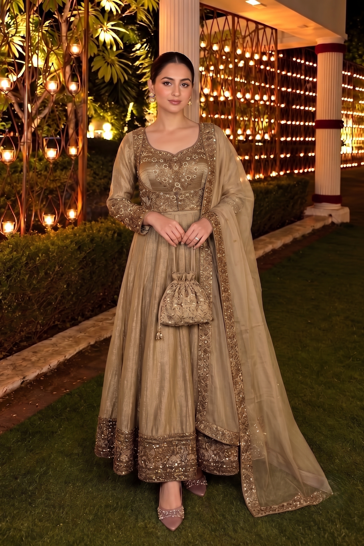 Champagne Gold Embellished Tissue Silk Anarkali Set