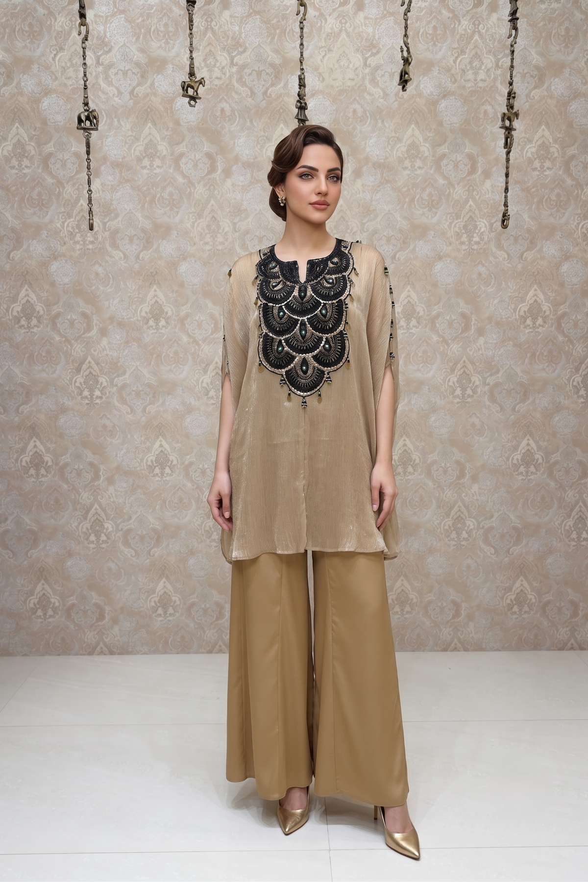 Metallic Beige Embellished Tissue Silk Palazzo Set