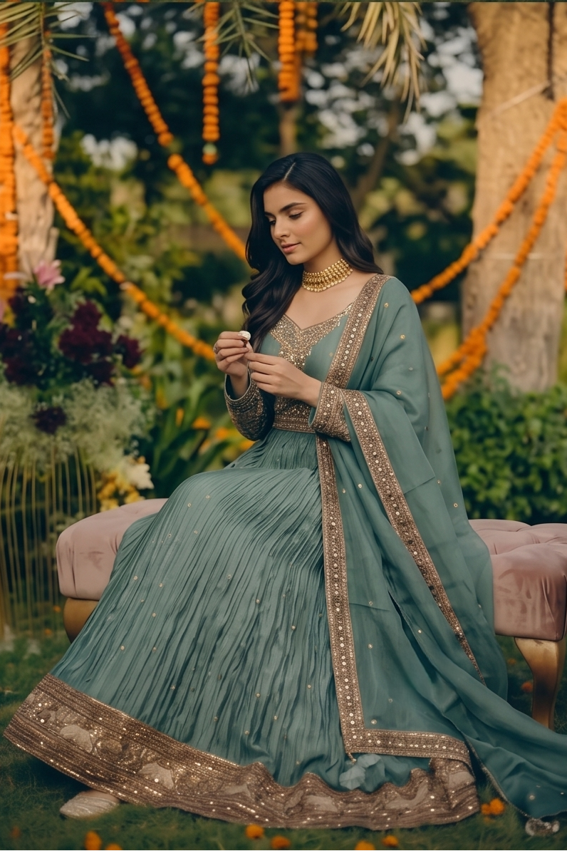 Steel Blue-Sage Copper Embellished Tissue Silk Anarkali Set