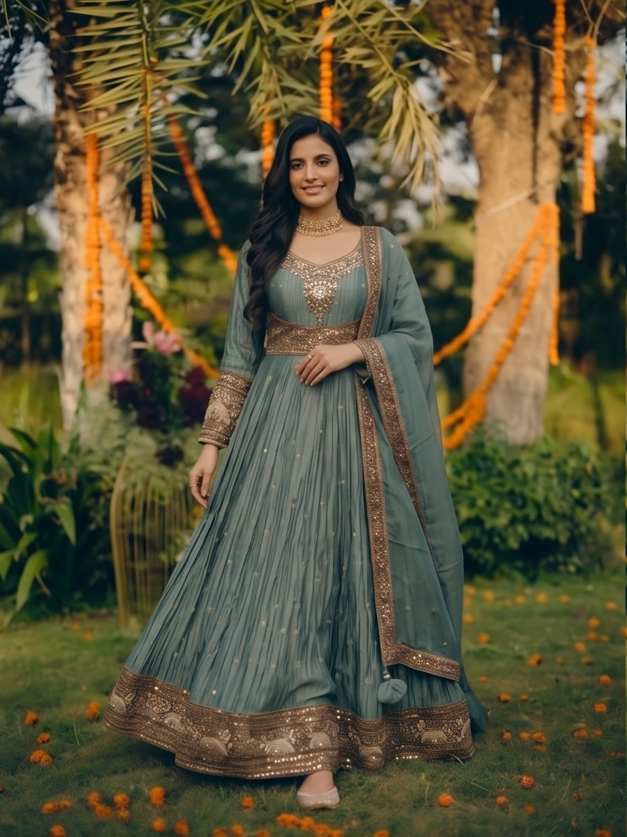 Steel Blue-Sage Copper Embellished Tissue Silk Anarkali Set
