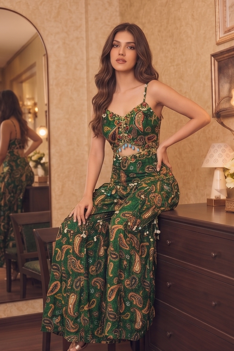 Emerald Green Embroidered Crepe Silk Jumpsuit