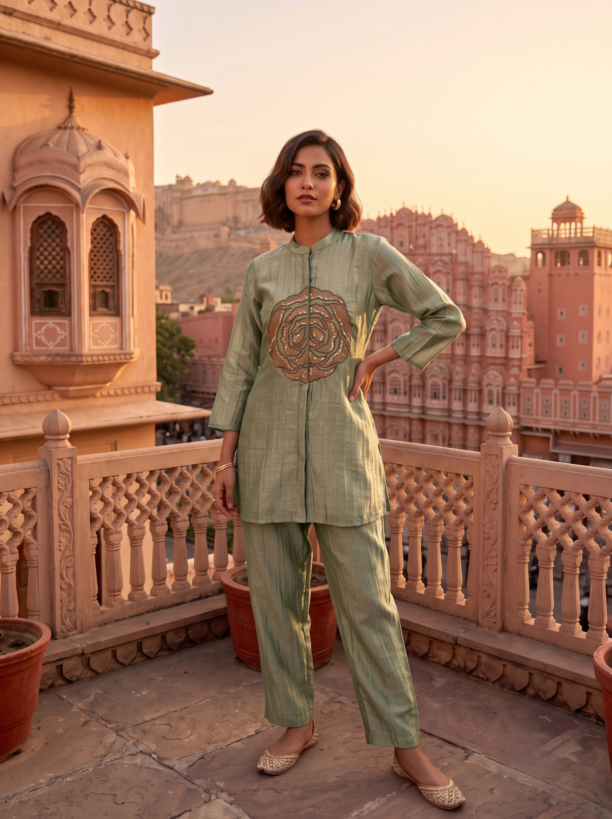 Chic Sage Green Embellished Tissue Silk Pant Set