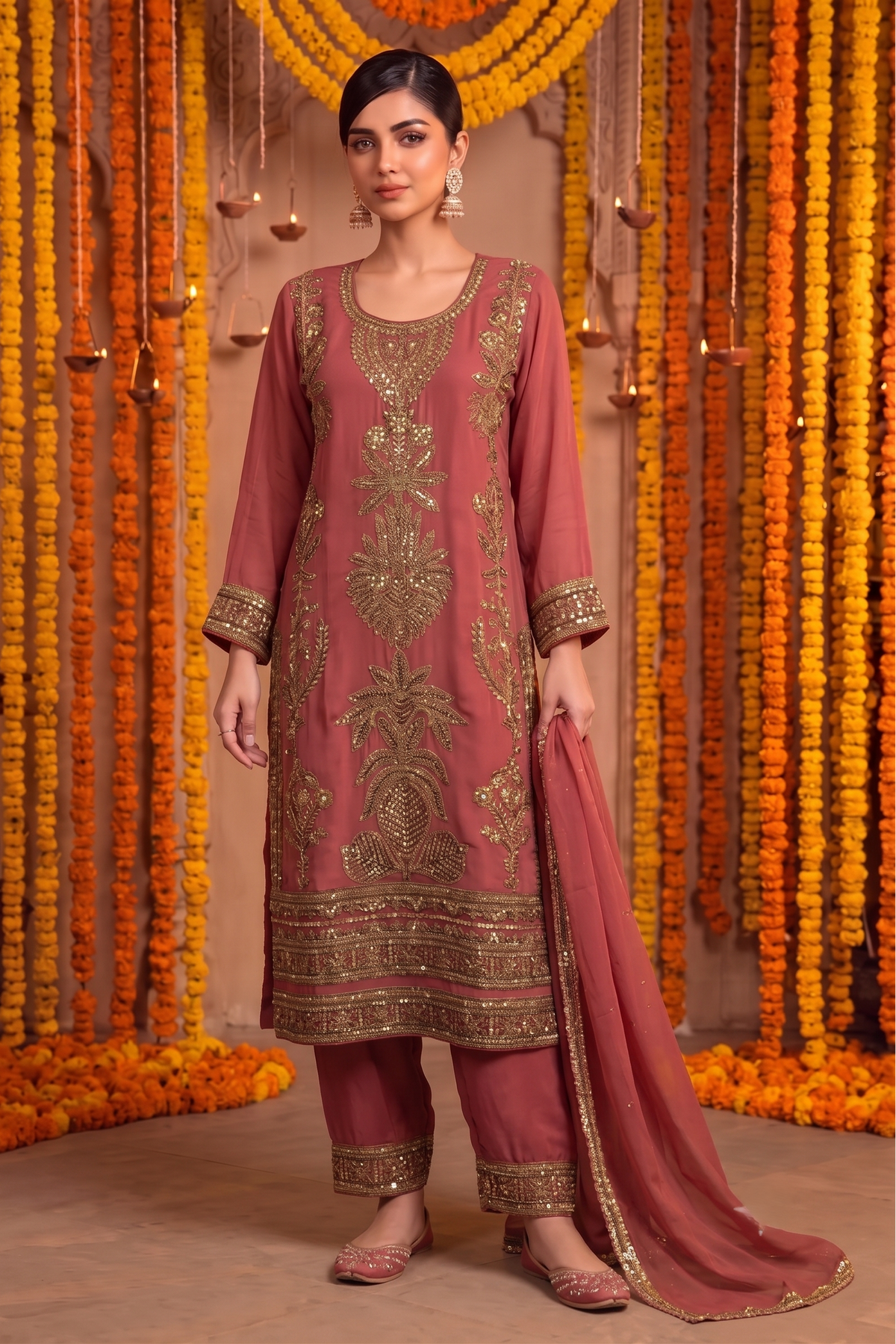 Cerise Pink Embellished Georgette Silk Pant Set