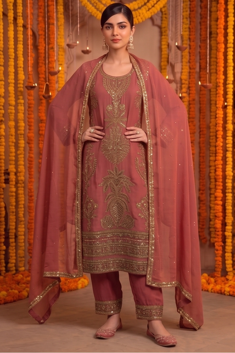 Cerise Pink Embellished Georgette Silk Pant Set