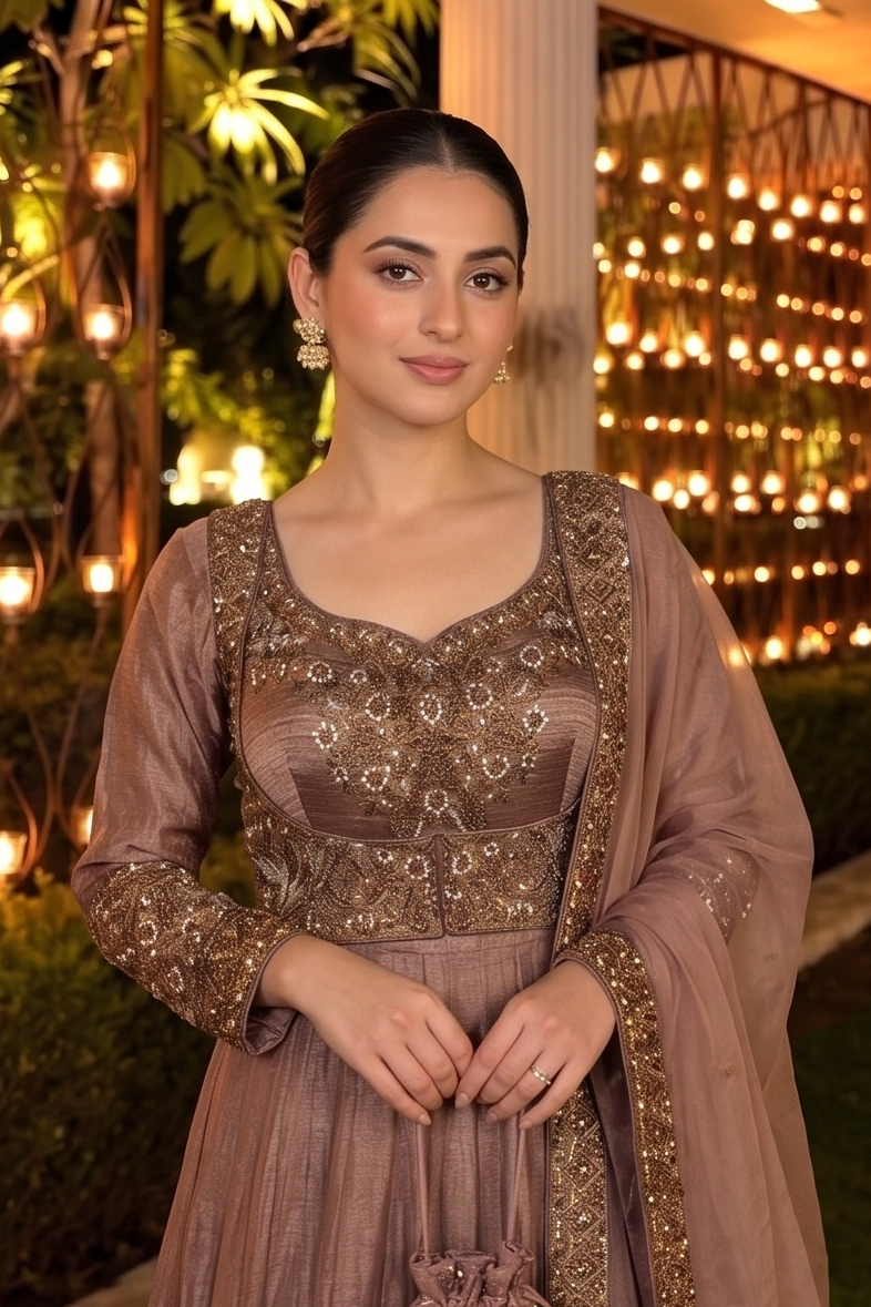 Rose Gold Embellished Tissue Silk Anarkali Set