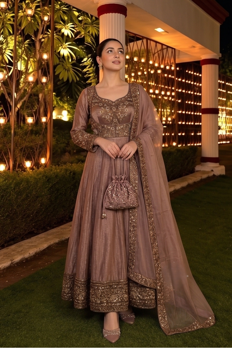 Rose Gold Embellished Tissue Silk Anarkali Set