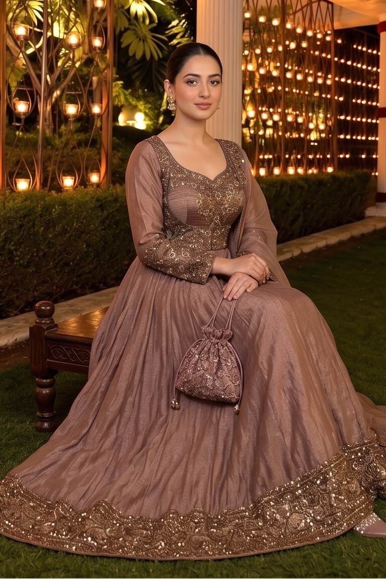 Rose Gold Embellished Tissue Silk Anarkali Set