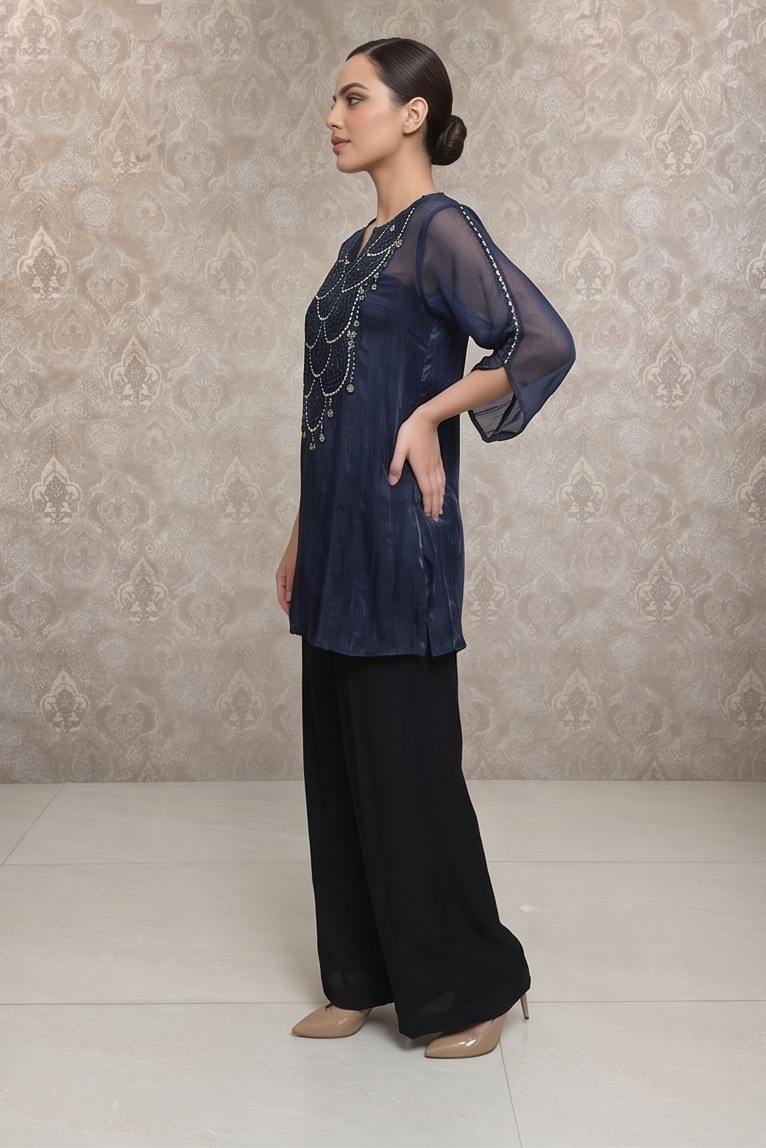 Midnight Blue Embellished Tissue Silk Palazzo Set