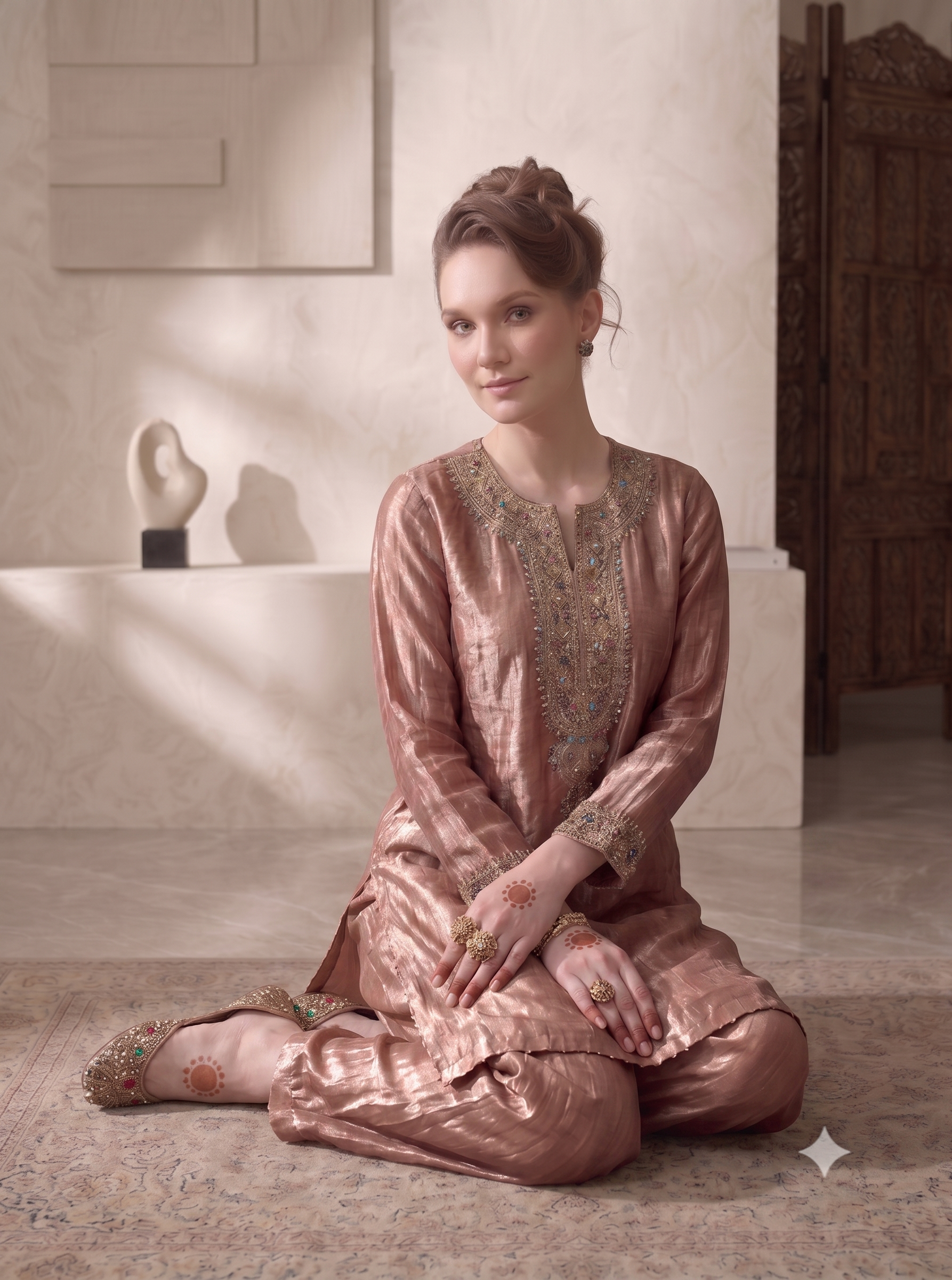 Rose Gold Embellished Shimmer Tissue Kurta Set