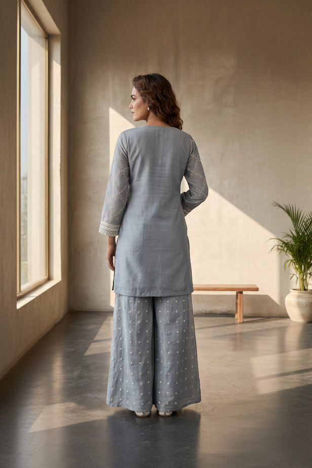 Slate Grey Embroidered Mul-Chanderi Silk Suit Set