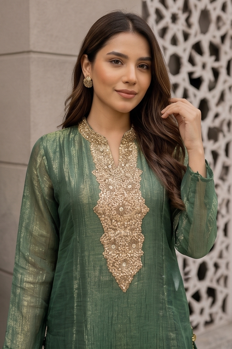 Sage Green Embellished Shimmer Tissue Silk Co-Ord Set