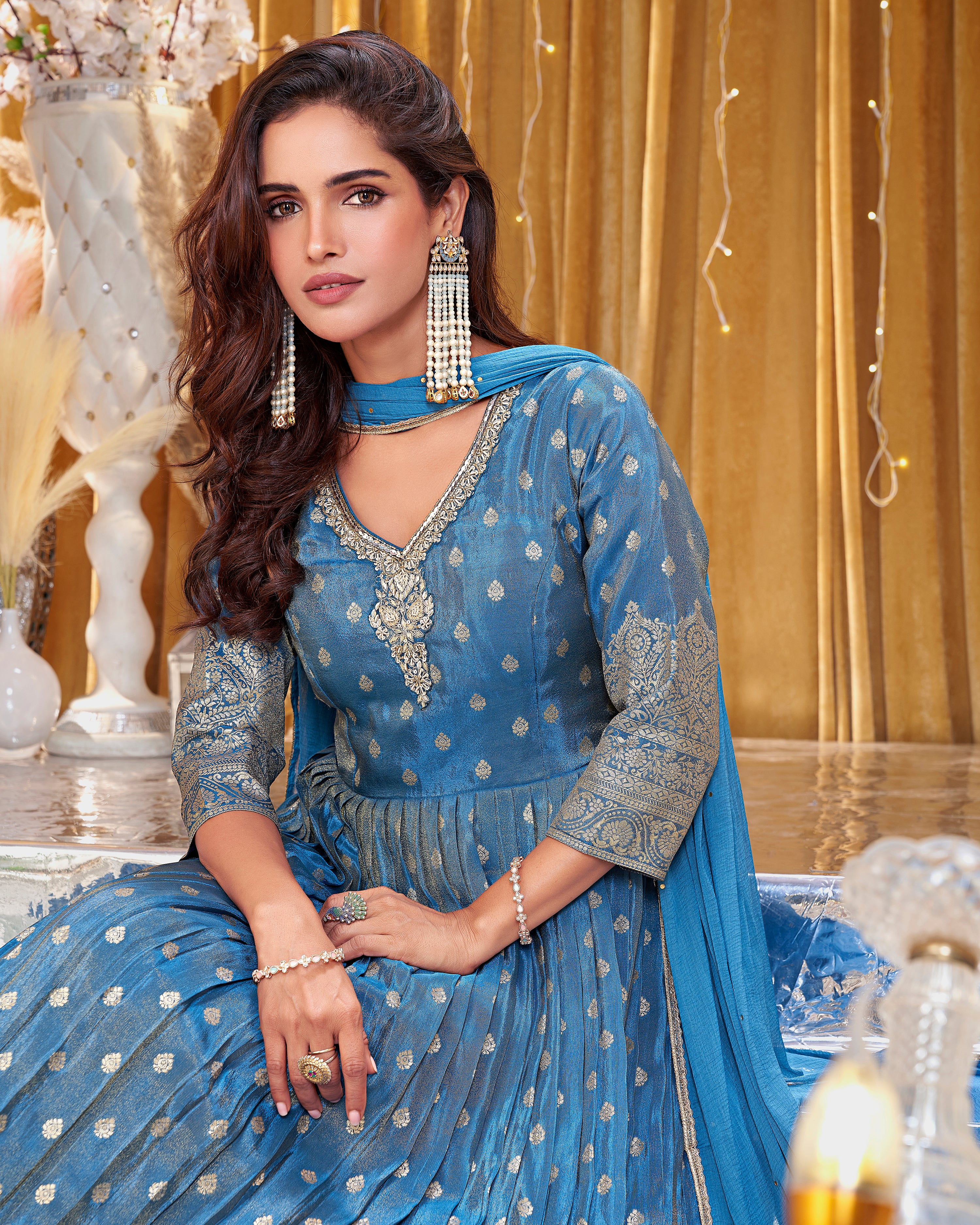Antique Blue Embellished Shimmer Tissue Silk Anarkali Set