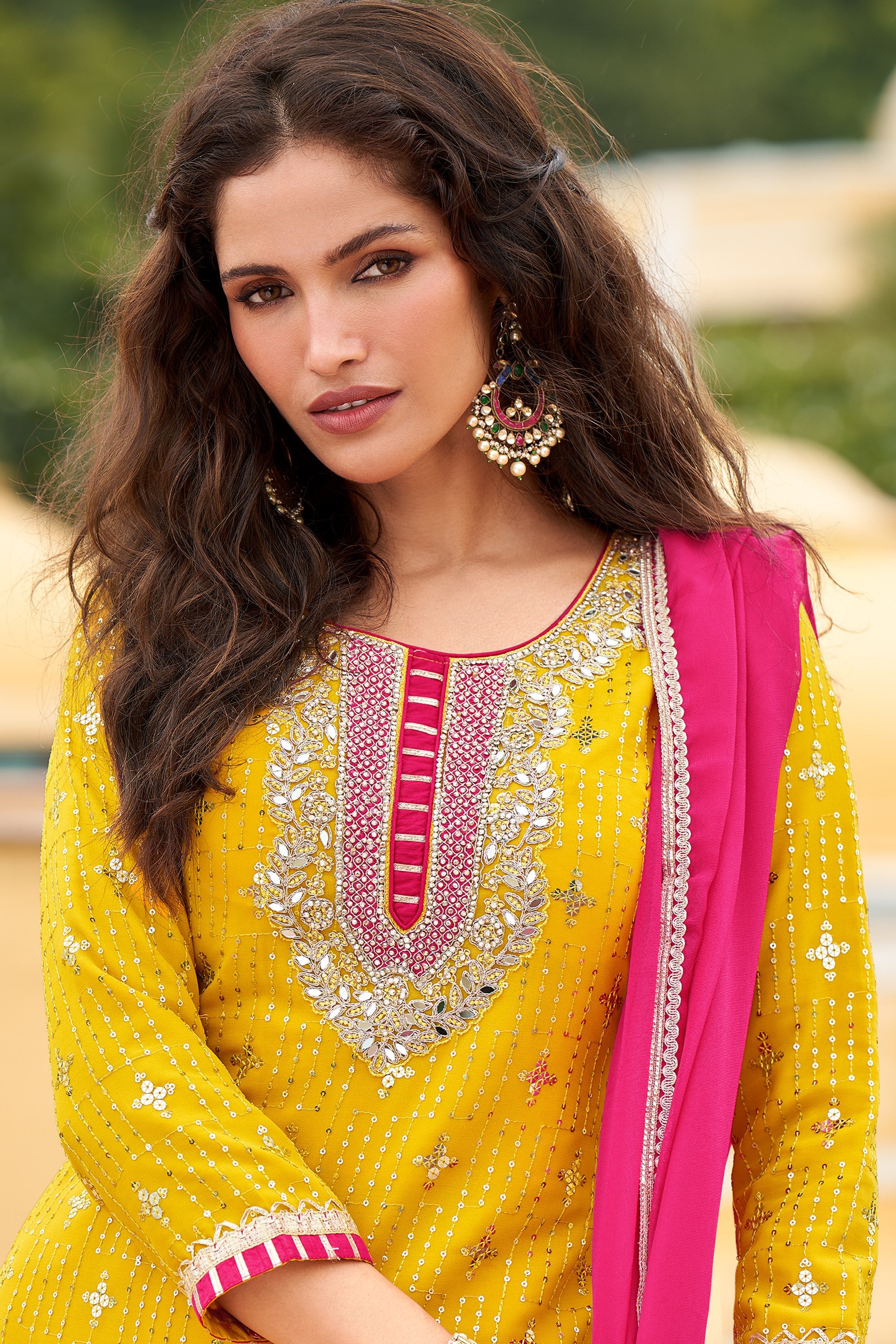 Yellow Embellished Georgette Silk Sharara Set