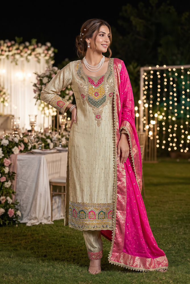 Rani Beige Embellished Shimmer Silk Pant Set