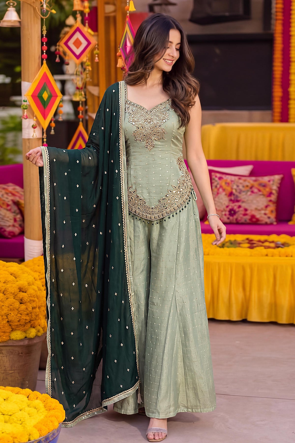 Mint Green Embellished Shimmer Silk Palazzo Set