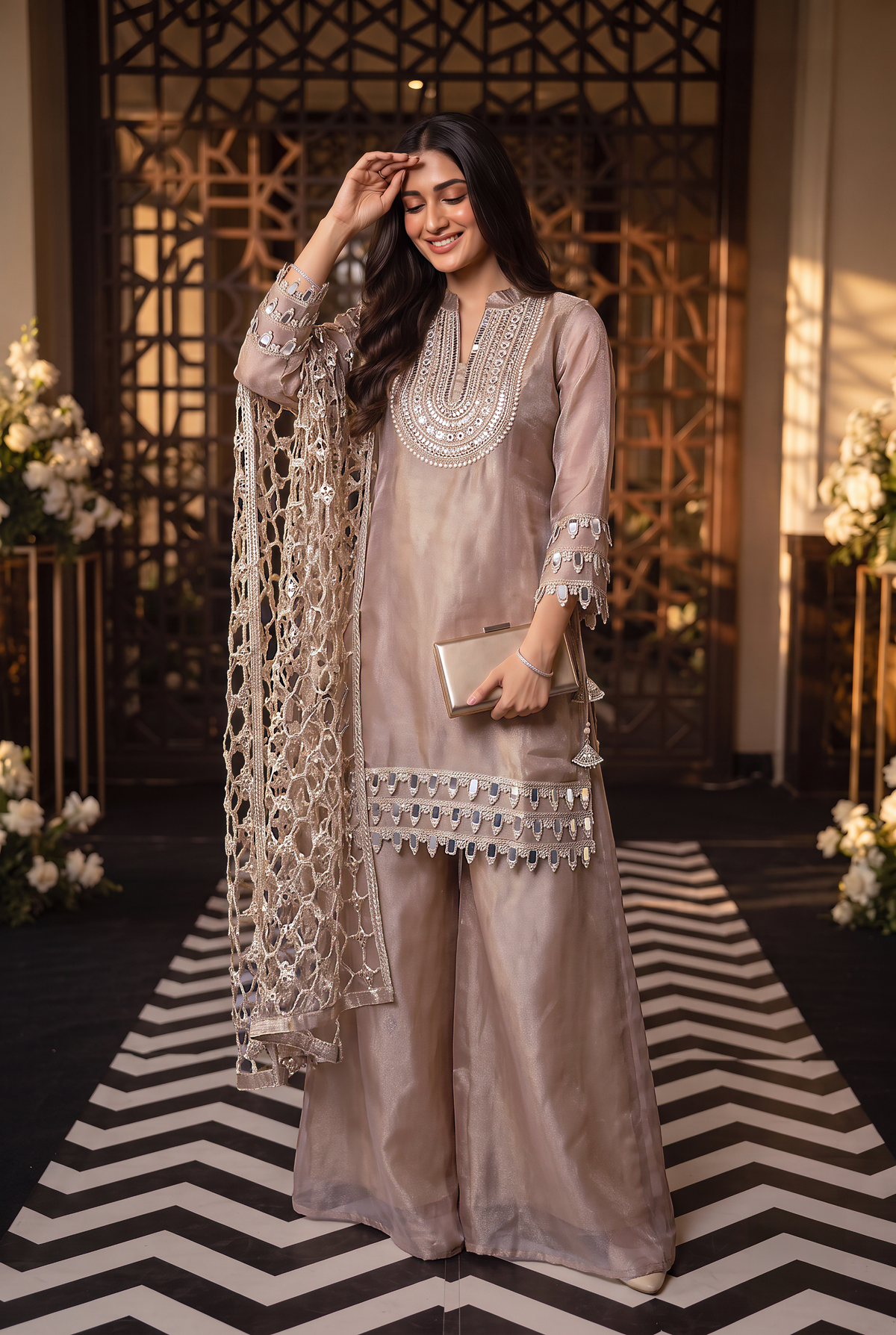 Dusty Pink Embellished Shimmer Organza Silk Pant Set