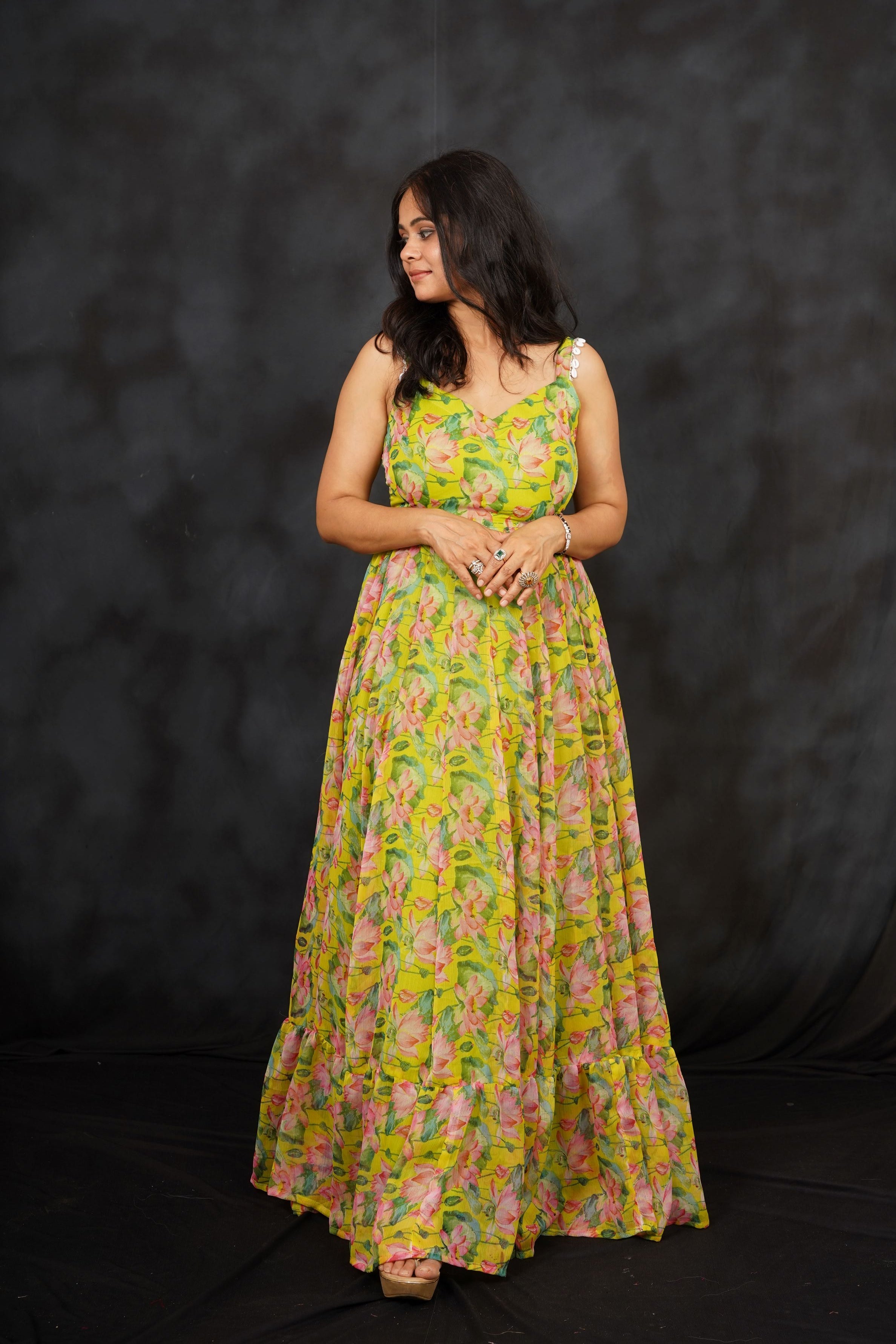 Light Moss Yellow Chiffon Silk Maxi Dress