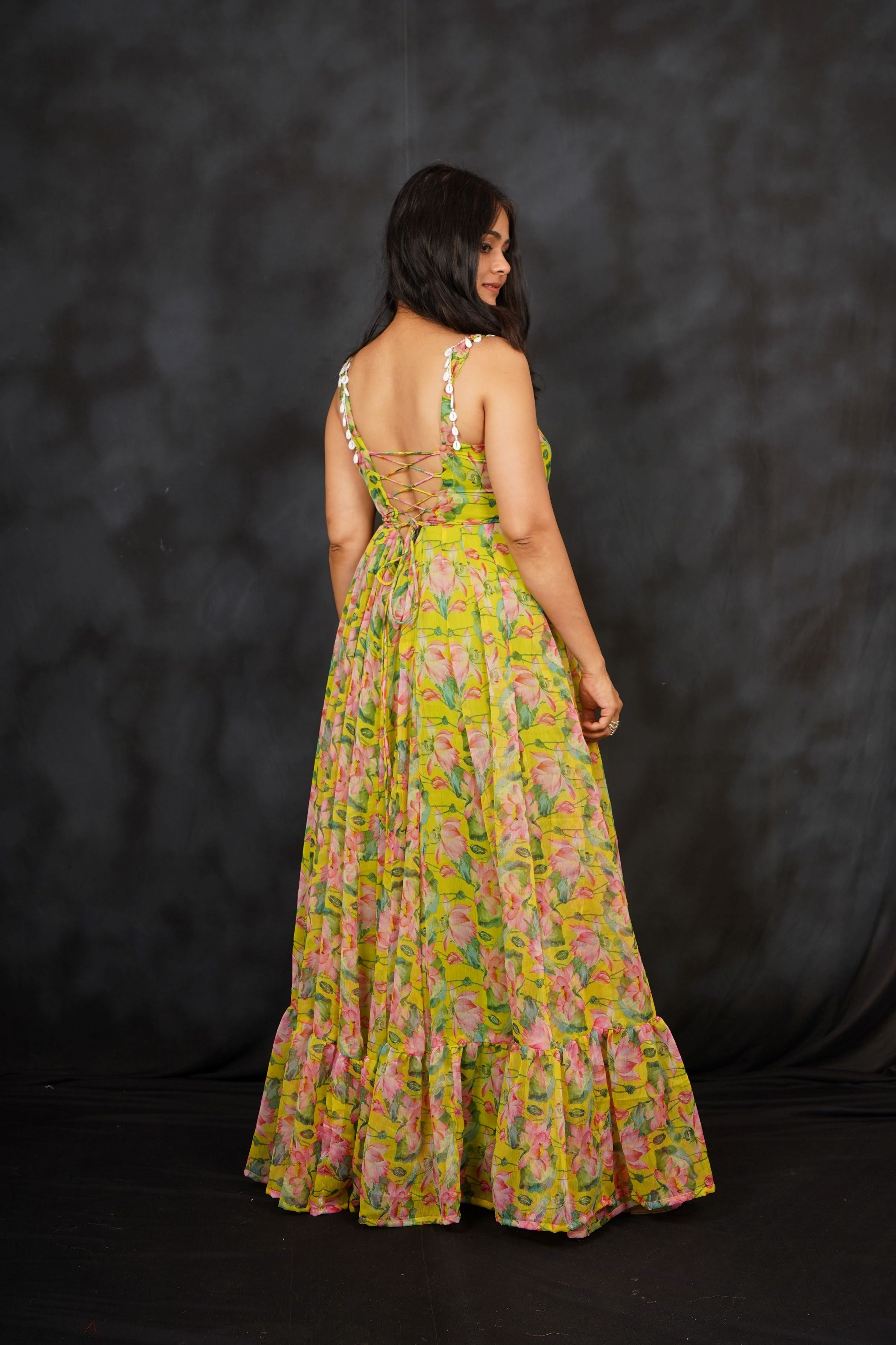 Light Moss Yellow Chiffon Silk Maxi Dress