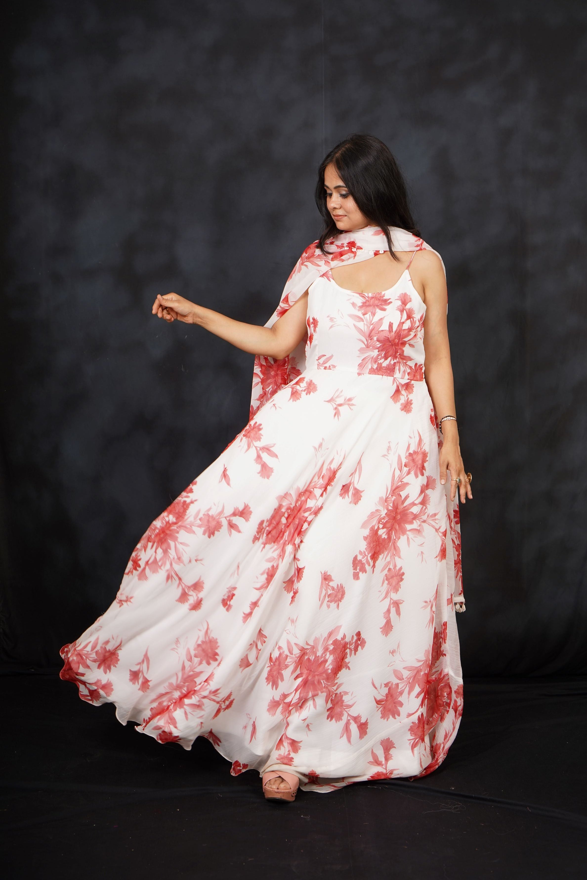 White Floral Printed Premium Chiffon Silk Anarkali Set