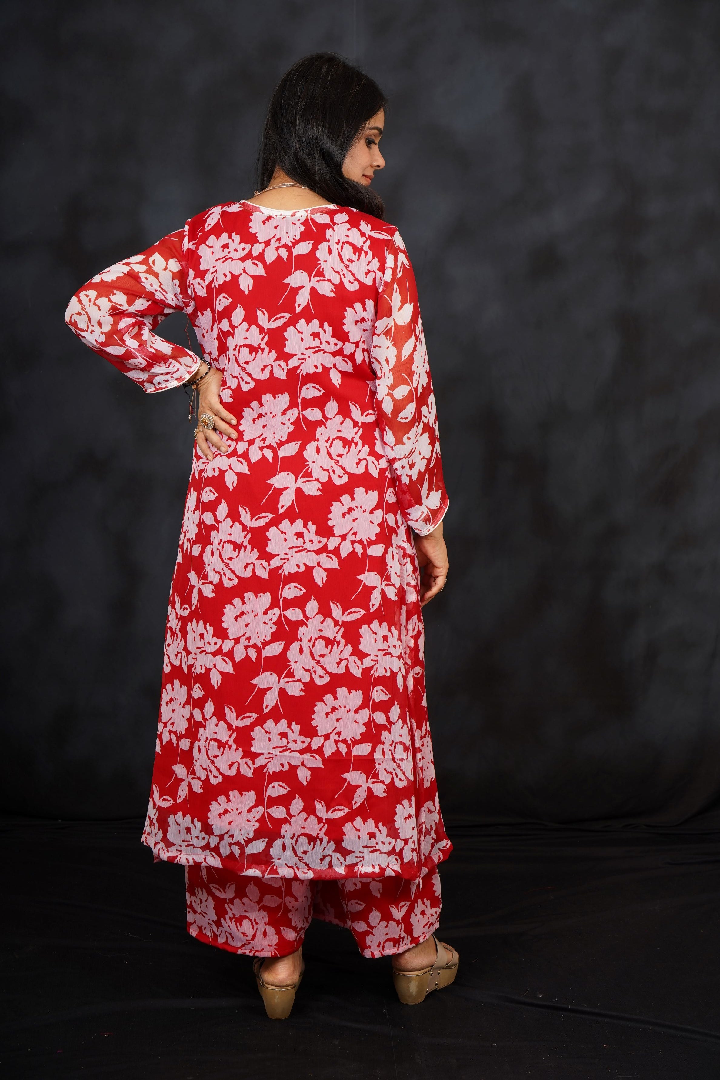 Red Floral Printed Chiffon Silk Palazzo Set