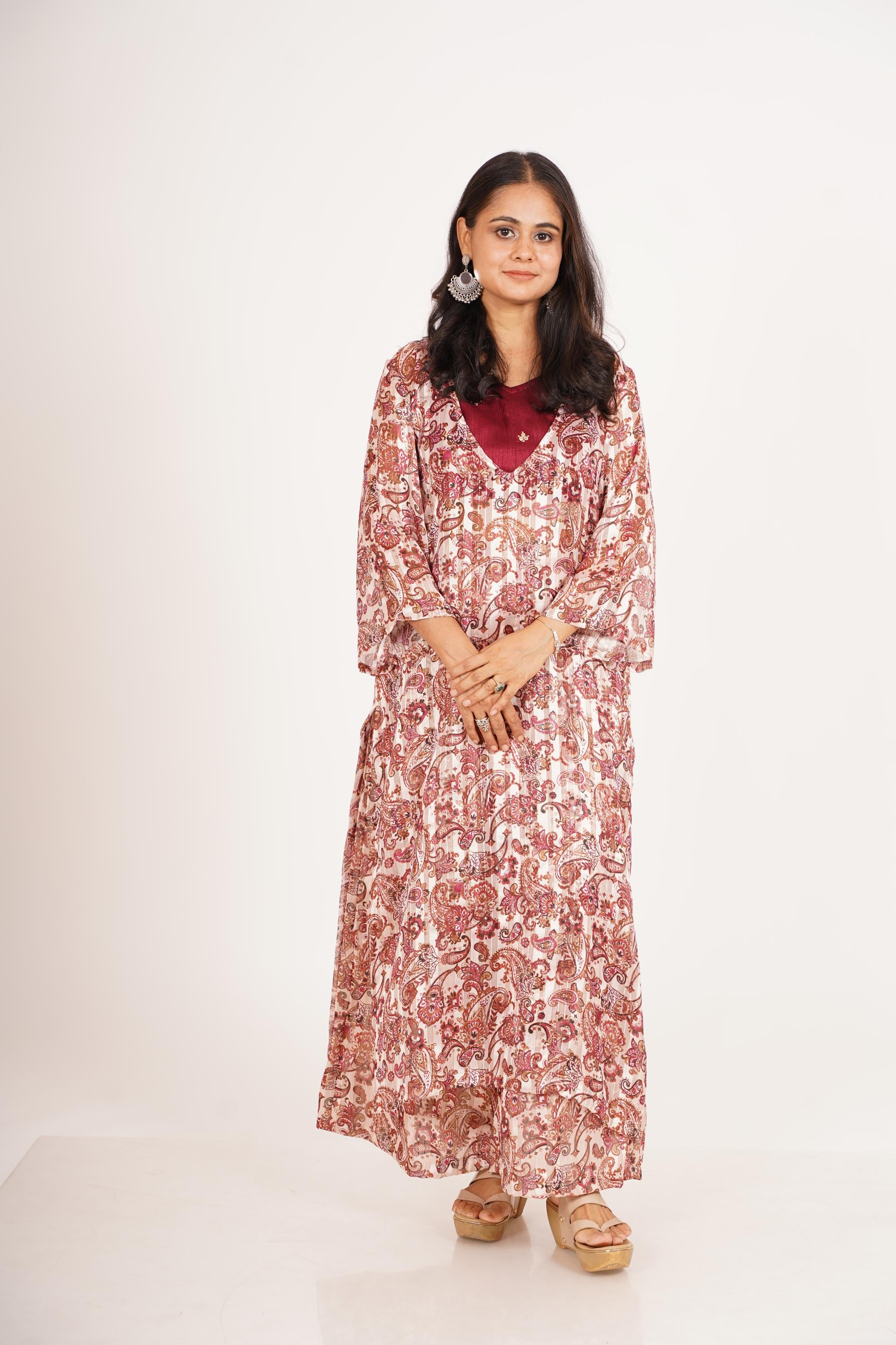 Scarlet Red Printed Georgette Silk Afghani Palazzo Set