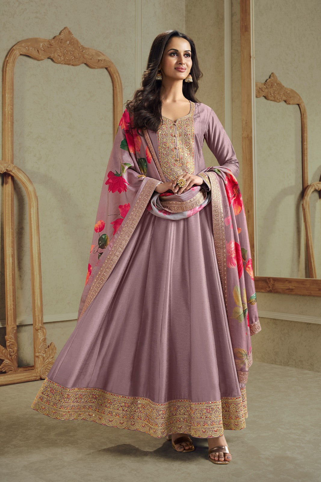 Rose Mauve Embellished Italian Silk Anarkali Set