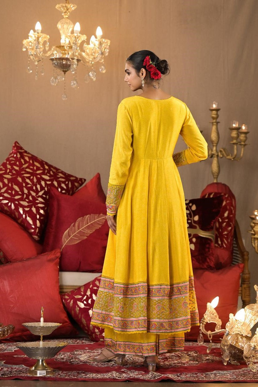 Festive Yellow Embroidered German Silk Anarkali Set