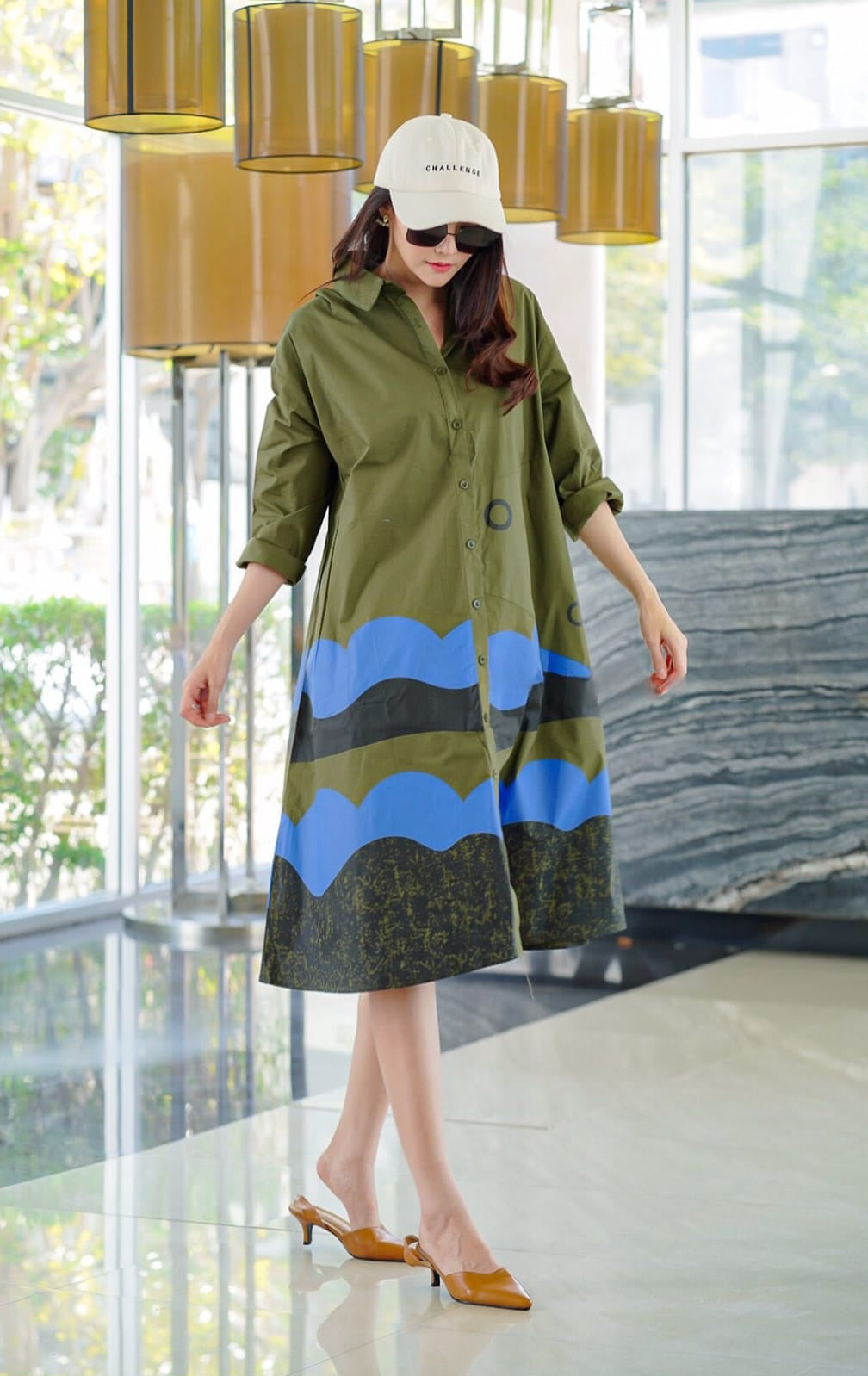 Olive Green Abstract Printed Tunic Dress