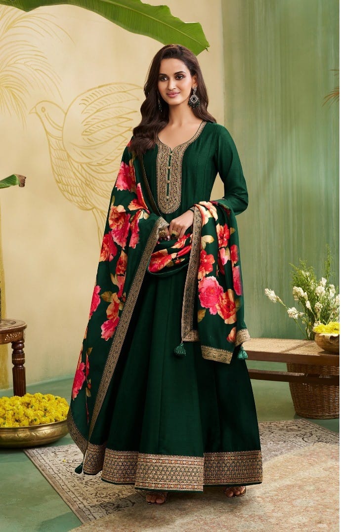 Dark Green Embellished Brocade Silk Anarkali Set
