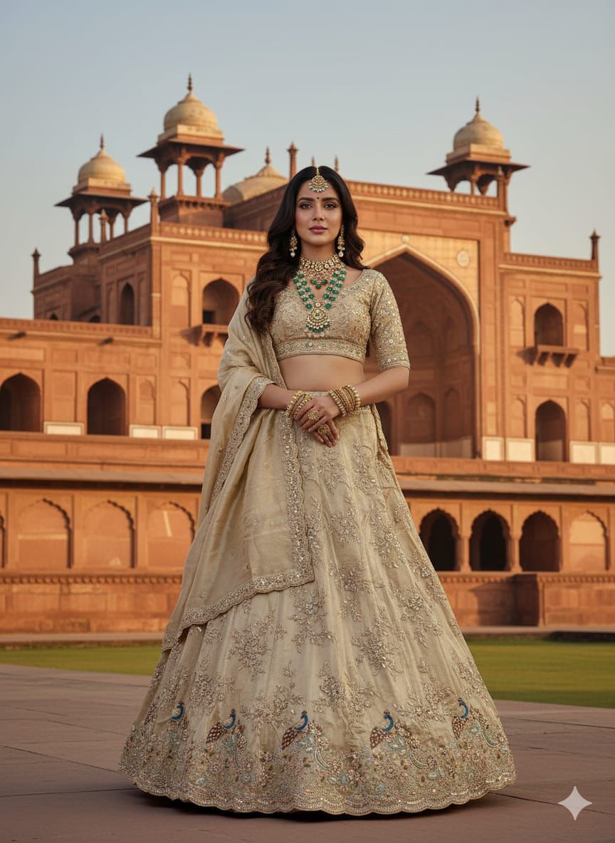 Regal Ivory & Gold Peacock Lehenga Set
