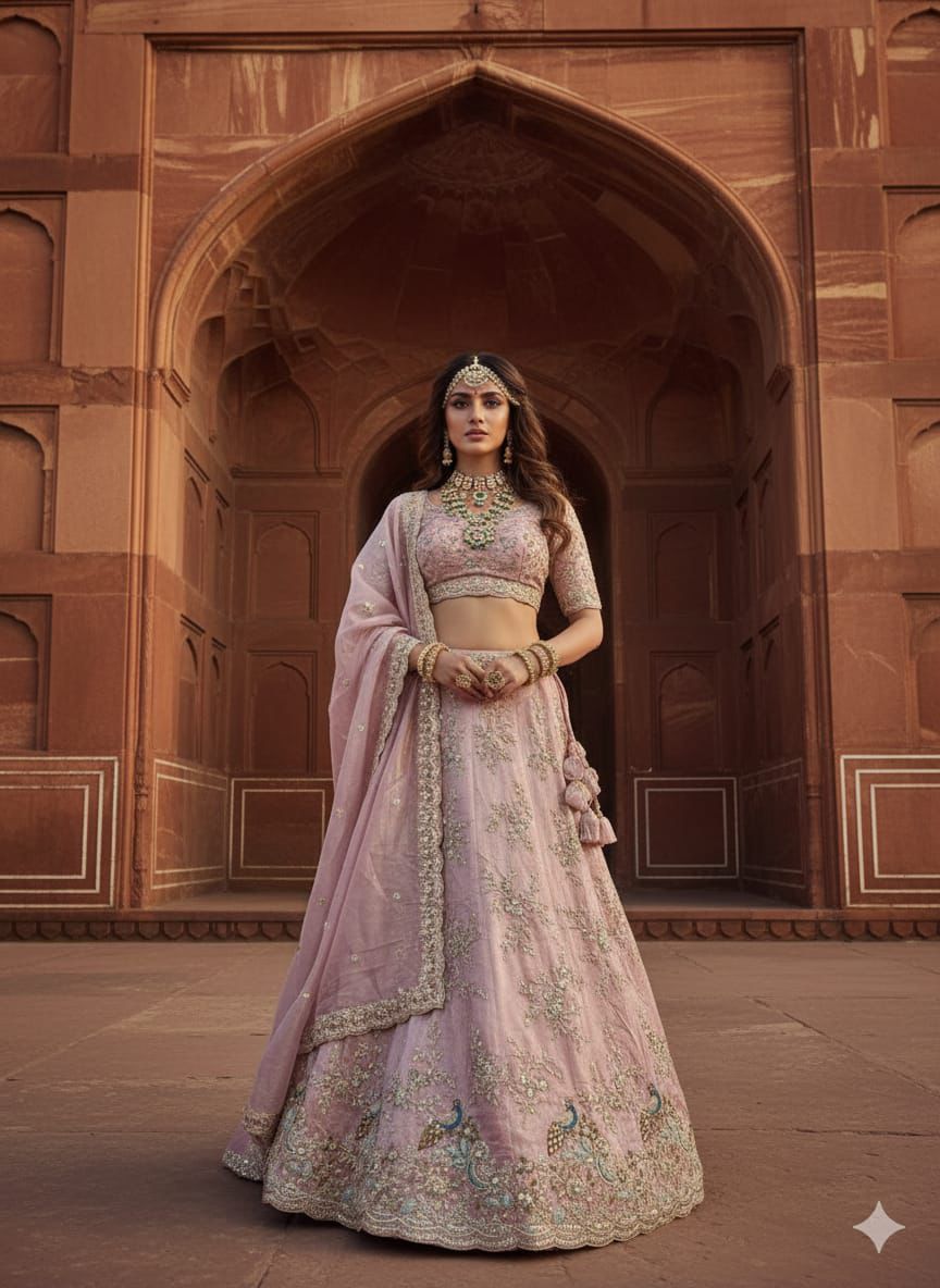 Pastel Pink Embroidered Mughal Lehenga