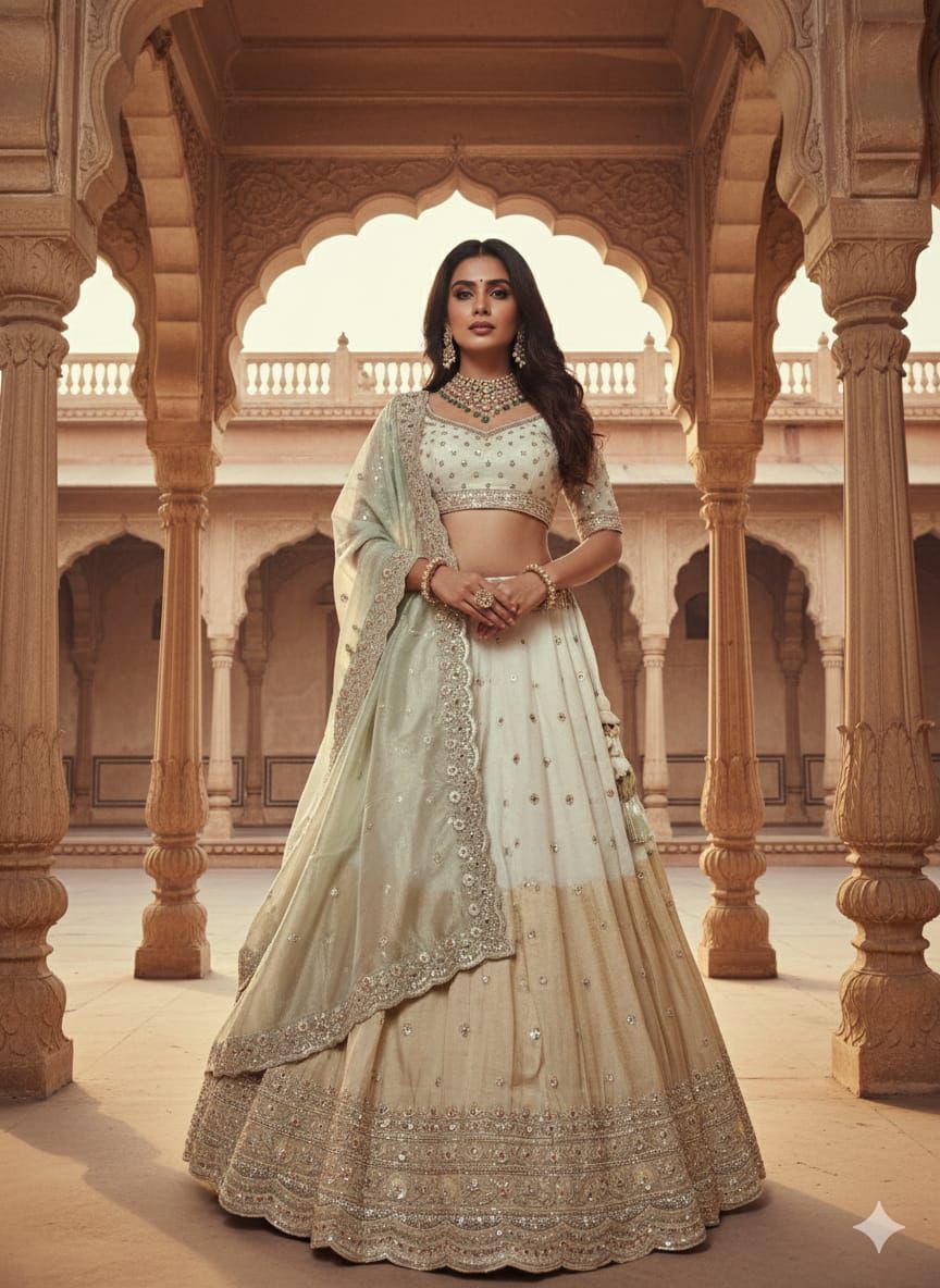 Cream & Pastel Green Embroidered Lehenga Set