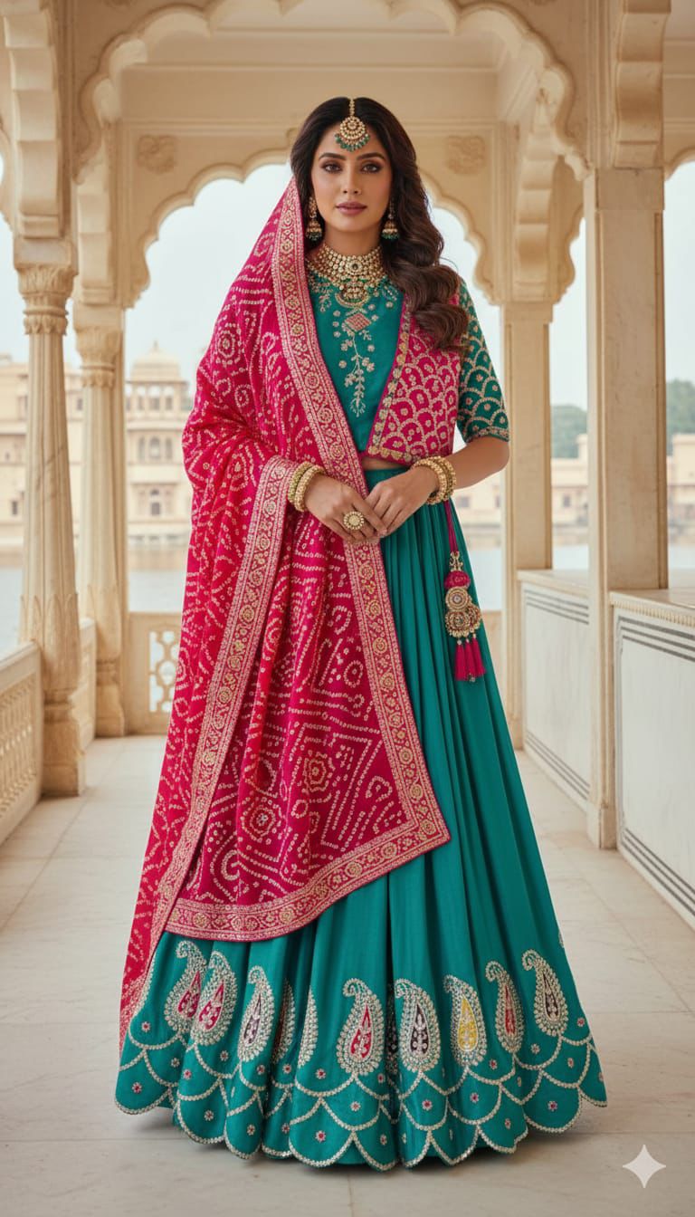 Teal Embroidered Lehenga Set with Pink Bandhani Dupatta