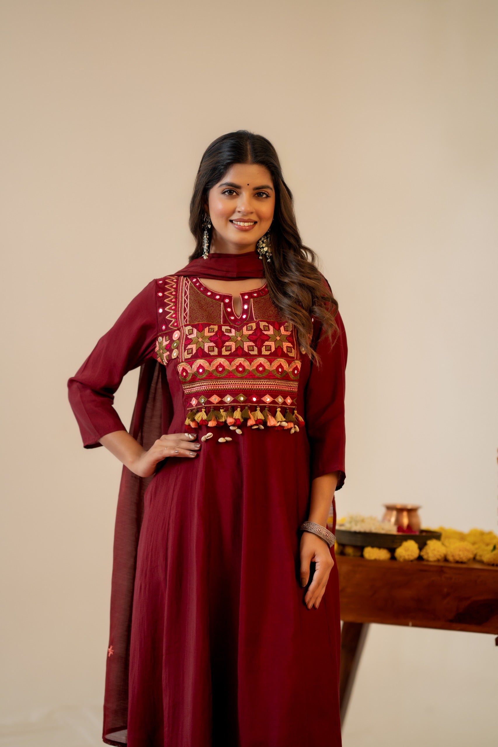 Maroon Mirror Embroidered Bemberg Muslin Kurta Set