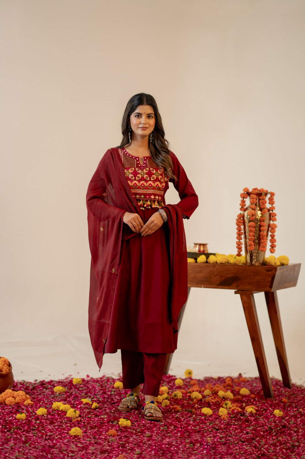 Maroon Mirror Embroidered Bemberg Muslin Kurta Set
