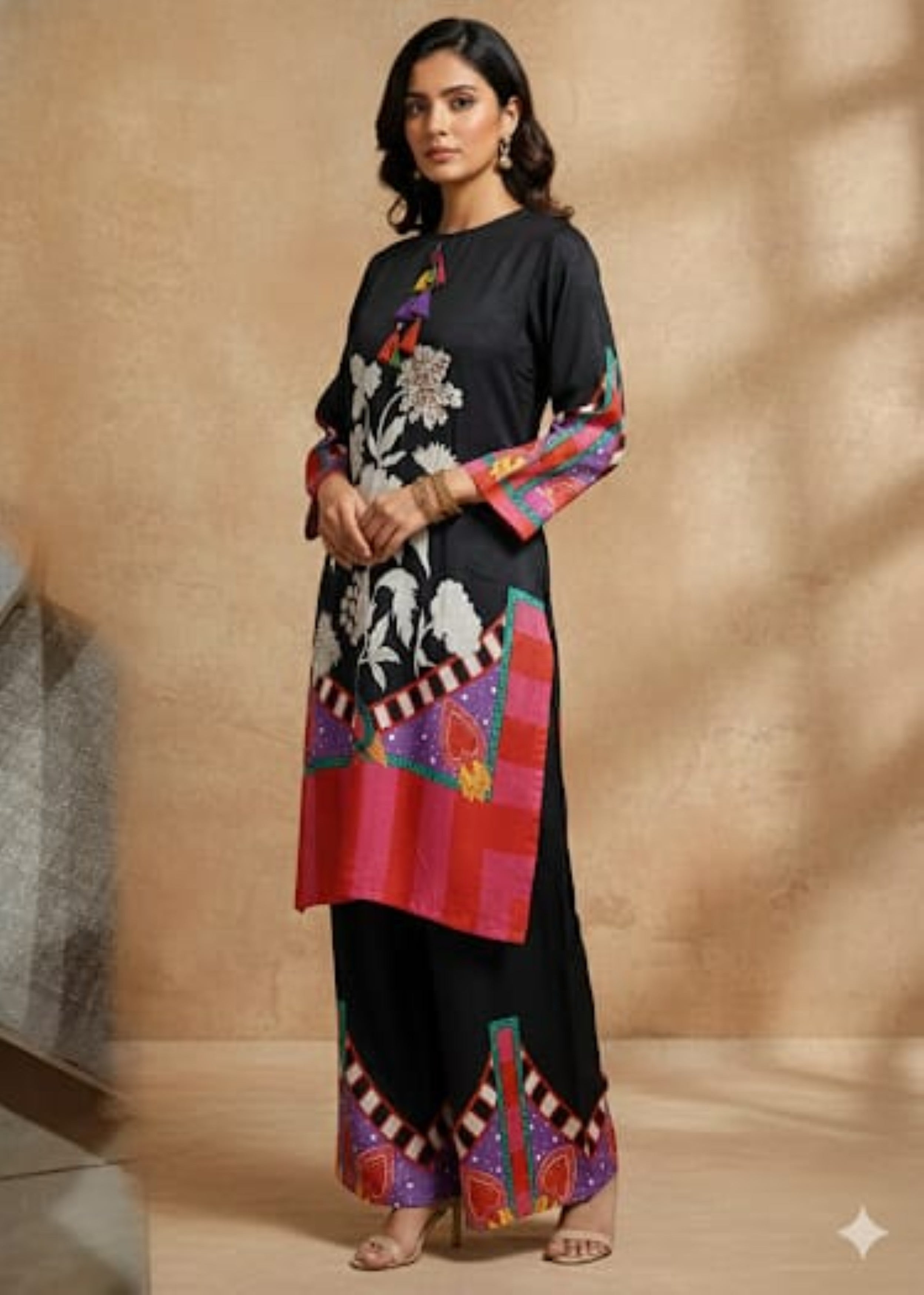 Noir Black Printed Muslin Silk Kurta Set