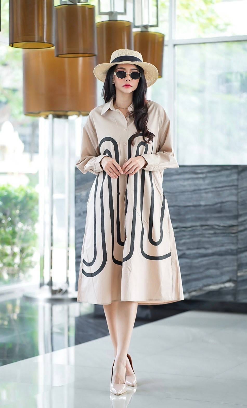 Beige Monochrome Path Print Tunic Dress
