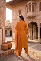 Mustard Orange Mul Chanderi Silk Pant Set