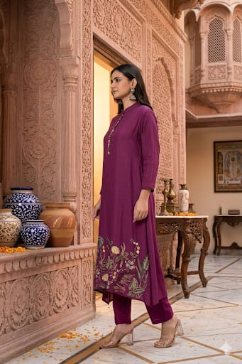 Deep Magenta Mul Chanderi Silk Pant Set