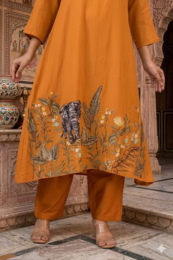 Mustard Orange Mul Chanderi Silk Pant Set