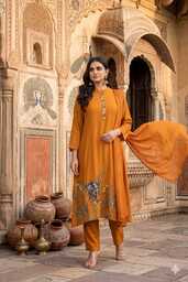 Mustard Orange Mul Chanderi Silk Pant Set