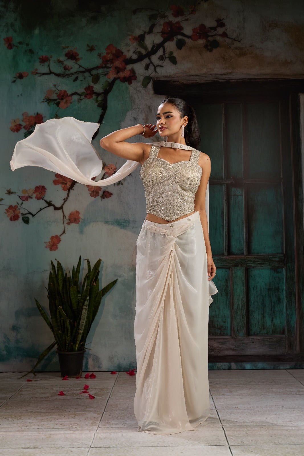 Ash Grey Embellished Metallic Shimmer Silk Skirt Set
