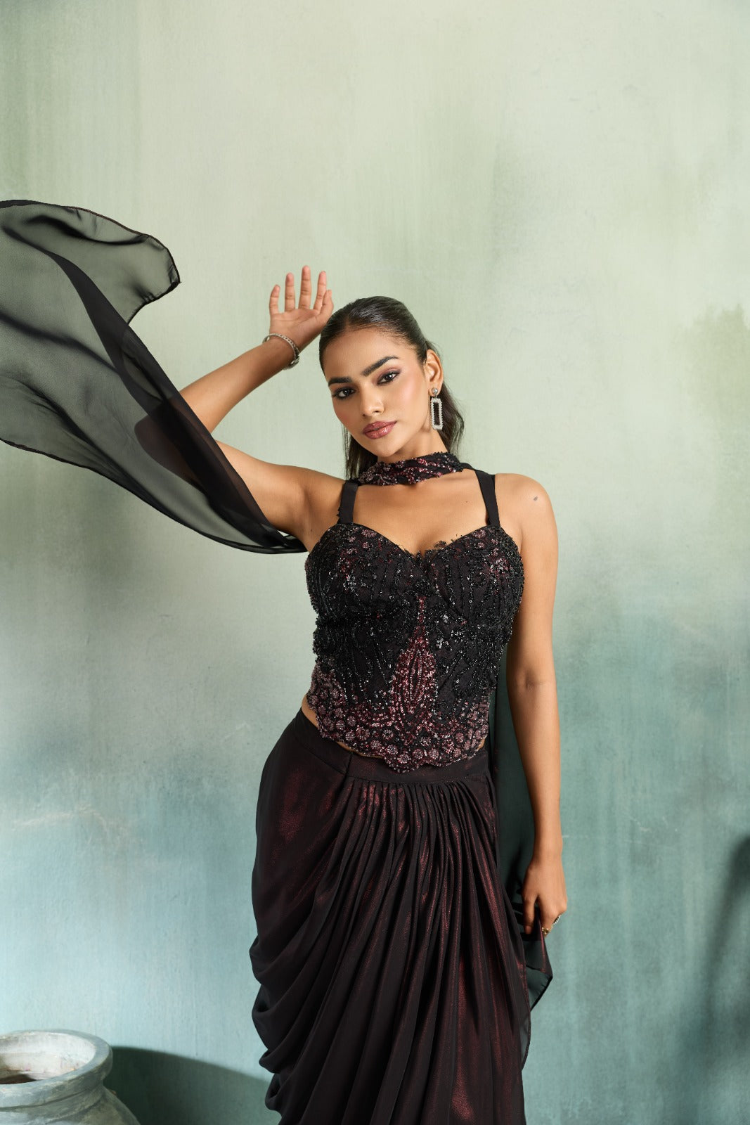 Black Embellished Shimmer Silk Draped Skirt Set