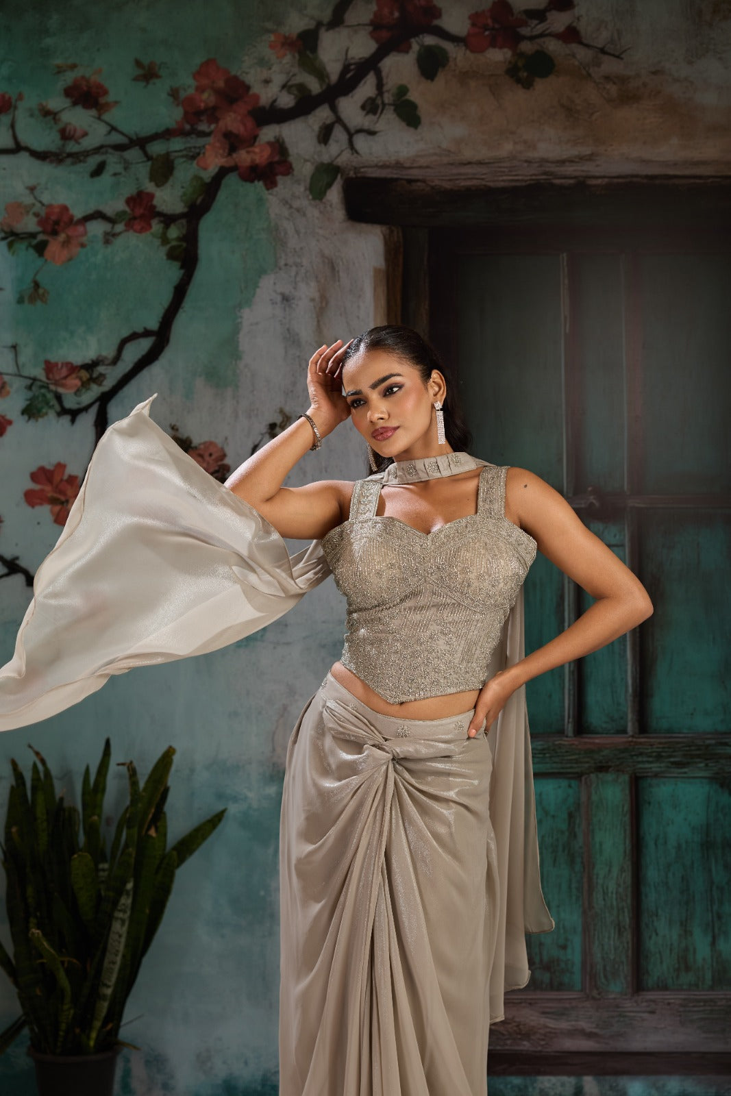 Ash Grey Embellished Metallic Shimmer Silk Skirt Set