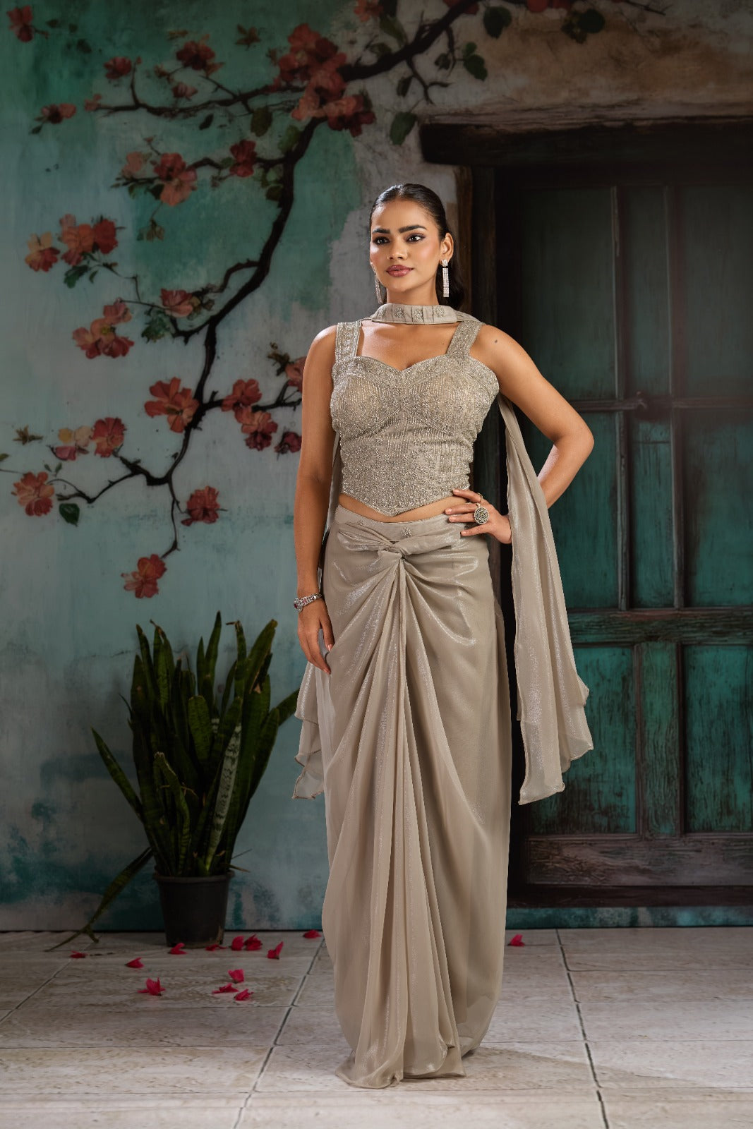 Ash Grey Embellished Metallic Shimmer Silk Skirt Set