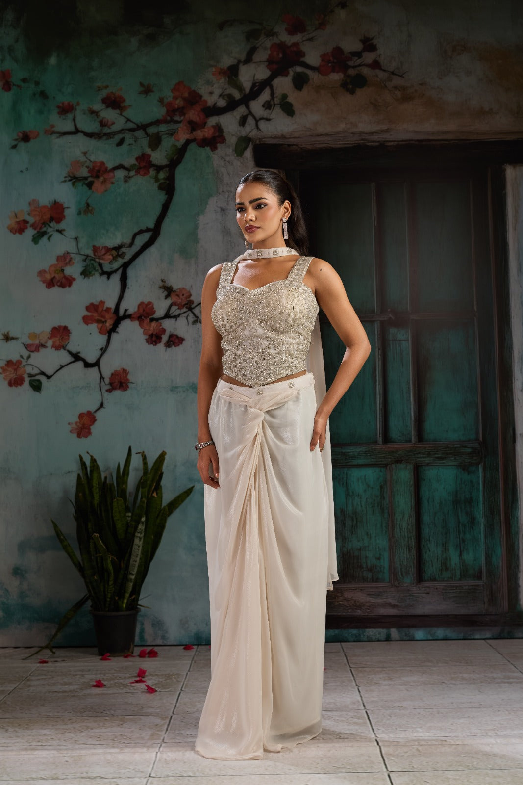 Ash Grey Embellished Metallic Shimmer Silk Skirt Set